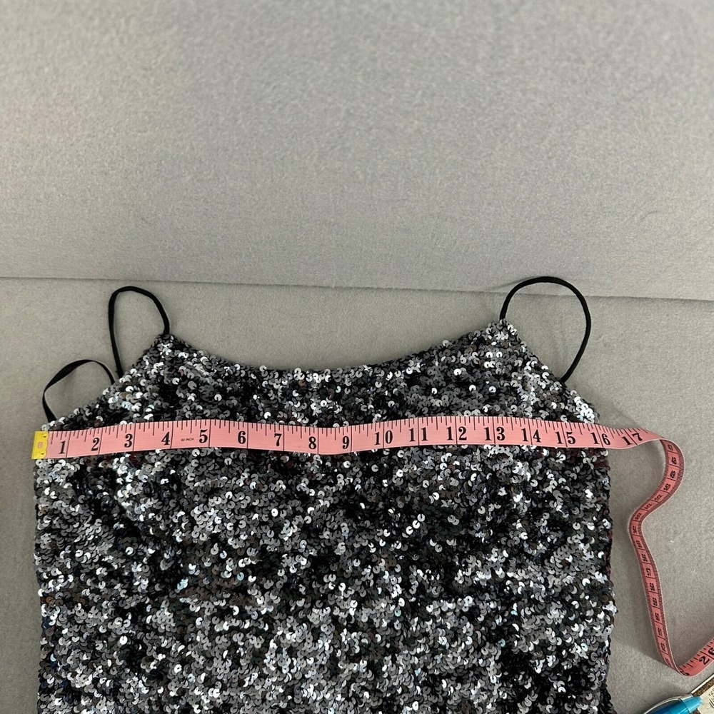 Vintage 90s Cache Sequin Top Party Asymmetric Tank Black Silver M Glam Rock - Picture 8 of 8
